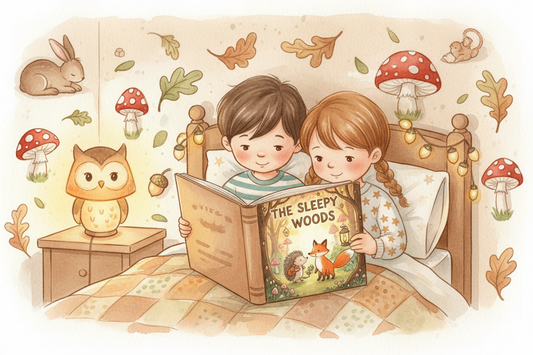 A child reading a Woodland Wonder Tales bedtime story featuring Hariët the Hedgehog and Finnigan the Fox, perfect for cosy bedtime reading routines