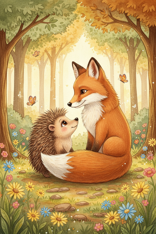Hariët the Hedgehog and Finnigan the Fox together in the woodland, representing the friendship and warmth at the heart of Woodland Wonder Tales children's books