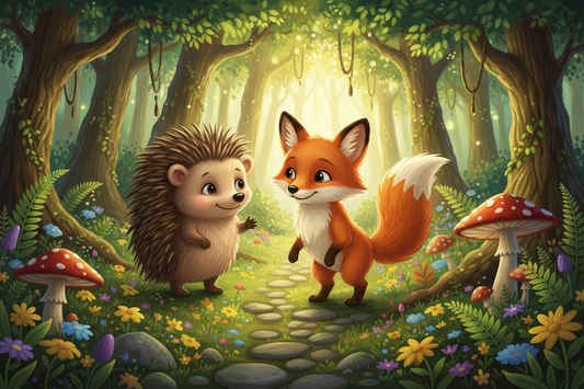 Hariët the Hedgehog and Finnigan the Fox in a magical woodland setting, illustrating the family values in Woodland Wonder Tales children's books