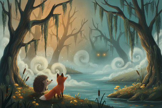 A mysterious swamp in a dark woodland at dusk, setting the scene for Book 2 of the Woodland Wonder Tales series featuring Hariët the Hedgehog and Finnigan the Fox